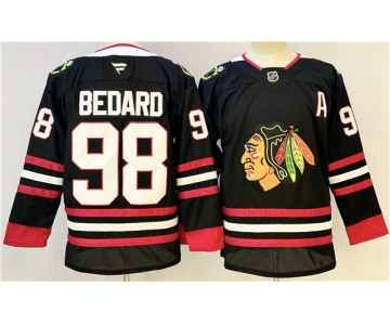 Men's Chicago Blackhawks #98 Connor Bedard Black With A Patch Stitched Hockey Jersey