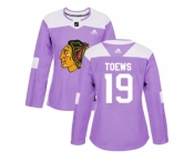 Women Adidas Chicago Blackhawks #19 Jonathan Toews Purple Authentic Fights Cancer Stitched NHL Jersey