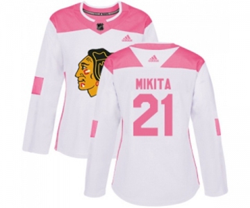 Women's Adidas Chicago Blackhawks #21 Stan Mikita Authentic White Pink Fashion NHL Jersey