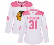 Women's Adidas Chicago Blackhawks #31 Anton Forsberg Authentic White Pink Fashion NHL Jersey