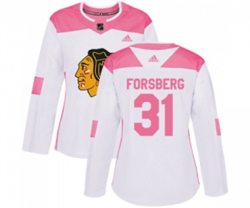 Women's Adidas Chicago Blackhawks #31 Anton Forsberg Authentic White Pink Fashion NHL Jersey