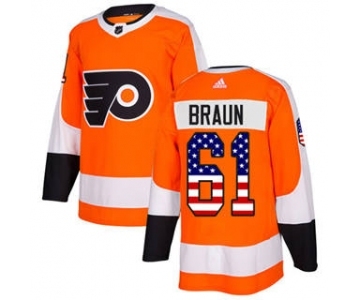 Men's Flyers #61 Justin Braun Orange Home Authentic USA Flag Stitched Hockey Jersey