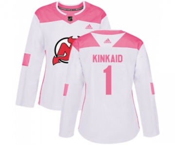 Women New Jersey Devils #1 Keith Kinkaid Authentic White Pink Fashion Hockey Jersey