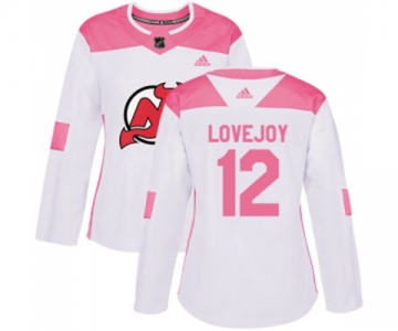 Women New Jersey Devils #12 Ben Lovejoy Authentic White Pink Fashion Hockey Jersey