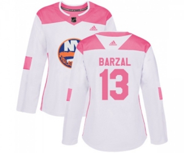 Women Adidas New York Islanders #13 Mathew Barzal Authentic White Pink Fashion NHL Jersey