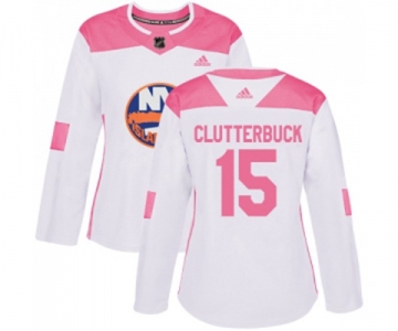 Women Adidas New York Islanders #15 Cal Clutterbuck Authentic White Pink Fashion NHL Jersey