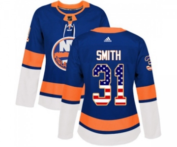 Women Adidas New York Islanders #31 Billy Smith Authentic Royal Blue USA Flag Fashion NHL Jersey