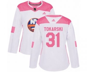 Women Adidas New York Islanders #31 Dustin Tokarski Authentic White Pink Fashion NHL Jersey