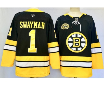 Men's Boston Bruins #1 Jeremy Swayman Black 100th Anniversary Stitched Hockey Jersey