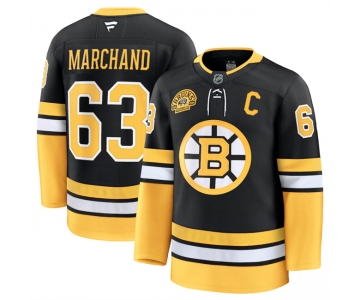 Men's Boston Bruins #63 Brad Marchand Black 100th Anniversary With C Patch Stitched Hockey Jersey