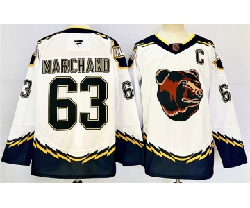 Men's Boston Bruins #63 Brad Marchand White 2024-25 With C Patch Reverse Retro Home Stitched Hockey Jersey