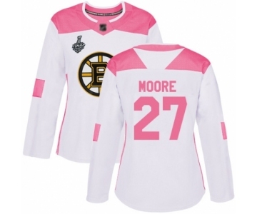 Women's Boston Bruins #27 John Moore Authentic White Pink Fashion 2019 Stanley Cup Final Bound Hockey Jersey