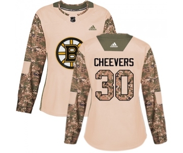 Women's Boston Bruins #30 Gerry Cheevers Authentic Camo Veterans Day Practice Hockey Jersey