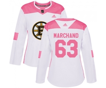 Women's Boston Bruins #63 Brad Marchand Authentic White Pink Fashion Hockey Jersey