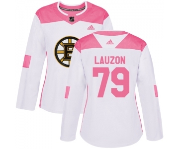 Women's Boston Bruins #79 Jeremy Lauzon Authentic White Pink Fashion Hockey Jersey