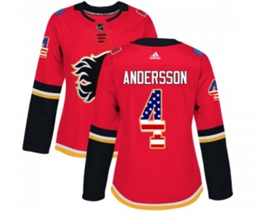 Women Calgary Flames #4 Rasmus Andersson Authentic Red USA Flag Fashion Hockey Jersey