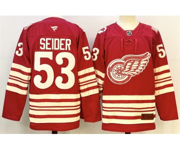 Men's Detroit Red Wings #53 Moritz Seider Red 2025-26 Centennial Premium Stitched Hockey Jersey