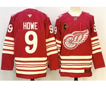 Men's Detroit Red Wings #9 Gordie Howe Red 2025-26 With C Patch Centennial Premium Stitched Hockey Jersey