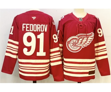 Men's Detroit Red Wings #91 Sergei Fedorov Red 2025-26 Centennial Premium Stitched Hockey Jersey