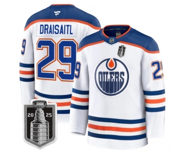 Men's Edmonton Oilers #29 Leon Draisaitl White 2025 Stanley Cup Final Away Premium Jersey