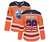Women Adidas Edmonton Oilers #29 Leon Draisaitl Authentic Orange USA Flag Fashion NHL Jersey