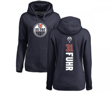 NHL Women Adidas Edmonton Oilers #31 Grant Fuhr Navy Blue Backer Pullover Hoodie