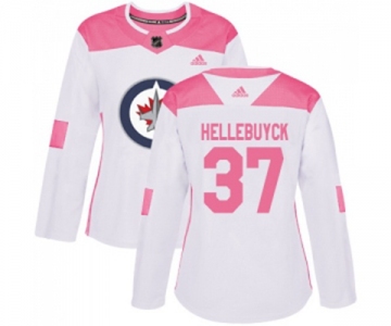 Women Adidas Winnipeg Jets #37 Connor Hellebuyck Authentic White Pink Fashion NHL Jersey