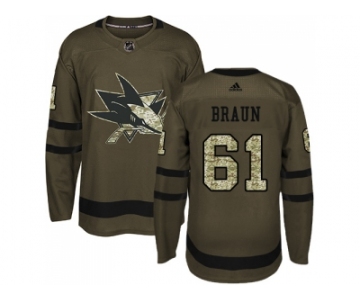 Men Adidas San Jose Sharks #61 Justin Braun Green Salute to Service Stitched NHL Jersey