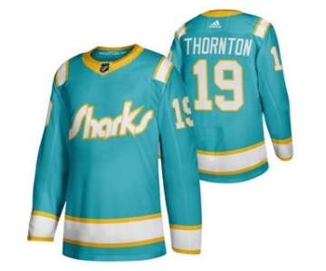 Men's San Jose Sharks #19 Joe Thornton 2020 Throwback Authentic Player Hockey Jersey Teal