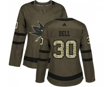 Women Adidas San Jose Sharks #30 Aaron Dell Authentic Green Salute to Service NHL Jersey