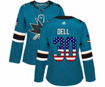 Women Adidas San Jose Sharks #30 Aaron Dell Authentic Teal Green USA Flag Fashion NHL Jersey