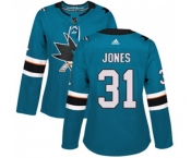 Women Adidas San Jose Sharks #31 Martin Jones Authentic Teal Green Home NHL Jersey