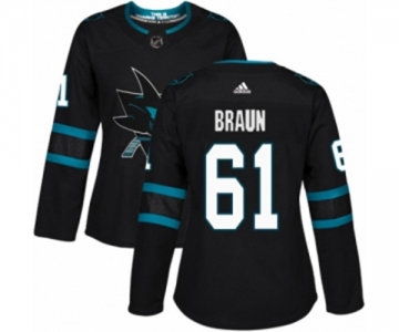 Women Adidas San Jose Sharks #61 Justin Braun Authentic Black Alternate NHL Jersey