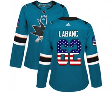 Women Adidas San Jose Sharks #62 Kevin Labanc Authentic Teal Green USA Flag Fashion NHL Jersey