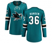 Women San Jose Sharks #36 Jannik Hansen Fanatics Branded Teal Green Home Breakaway NHL Jersey