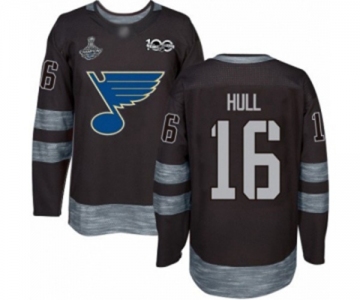Men's St. Louis Blues #16 Brett Hull Authentic Black 1917-2017 100th Anniversary 2019 Stanley Cup Champions Hockey Jersey
