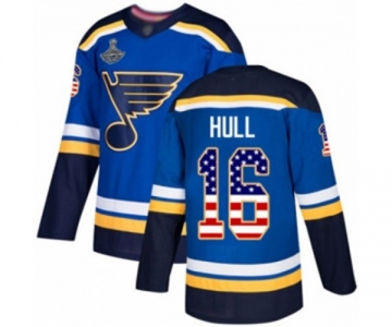 Men's St. Louis Blues #16 Brett Hull Authentic Blue USA Flag Fashion 2019 Stanley Cup Champions Hockey Jersey