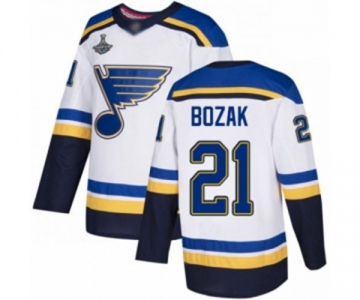 Men's St. Louis Blues #21 Tyler Bozak Authentic White Away 2019 Stanley Cup Champions Hockey Jersey