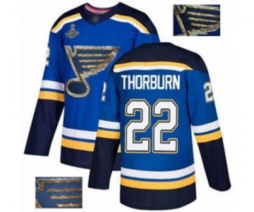 Men's St. Louis Blues #22 Chris Thorburn Authentic Royal Blue Fashion Gold 2019 Stanley Cup Champions Hockey Jersey