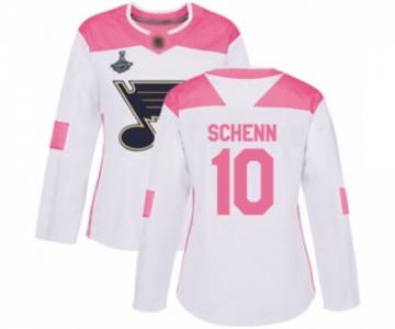 Women's St. Louis Blues #10 Brayden Schenn Authentic White Pink Fashion 2019 Stanley Cup Champions Hockey Jersey