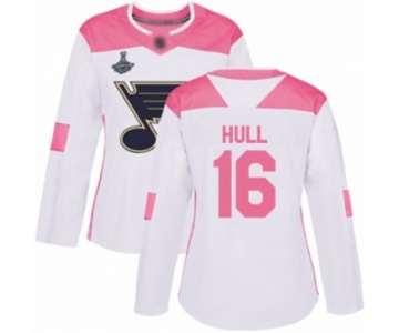 Women's St. Louis Blues #16 Brett Hull Authentic White Pink Fashion 2019 Stanley Cup Champions Hockey Jersey