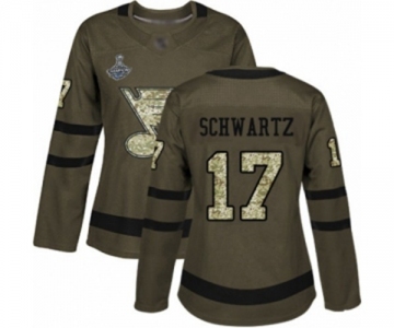 Women's St. Louis Blues #17 Jaden Schwartz Authentic Green Salute to Service 2019 Stanley Cup Champions Hockey Jersey
