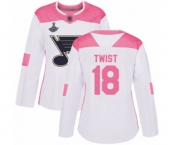 Women's St. Louis Blues #18 Tony Twist Authentic White Pink Fashion 2019 Stanley Cup Champions Hockey Jersey