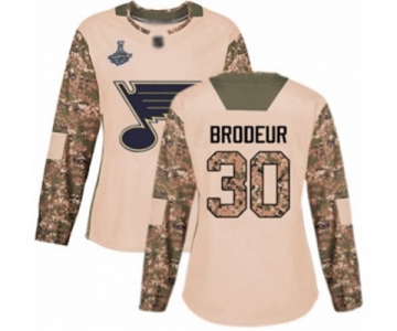 Women's St. Louis Blues #30 Martin Brodeur Authentic Camo Veterans Day Practice 2019 Stanley Cup Champions Hockey Jersey