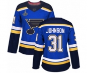 Women's St. Louis Blues #31 Chad Johnson Authentic Royal Blue Home 2019 Stanley Cup Champions Hockey Jersey