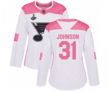 Women's St. Louis Blues #31 Chad Johnson Authentic White Pink Fashion 2019 Stanley Cup Champions Hockey Jersey