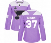Women's St. Louis Blues #37 Klim Kostin Authentic Purple Fights Cancer Practice 2019 Stanley Cup Champions Hockey Jersey
