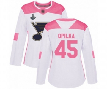 Women's St. Louis Blues #45 Luke Opilka Authentic White Pink Fashion 2019 Stanley Cup Champions Hockey Jersey