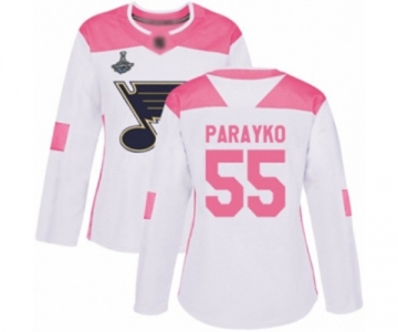 Women's St. Louis Blues #55 Colton Parayko Authentic White Pink Fashion 2019 Stanley Cup Champions Hockey Jersey