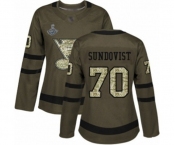 Women's St. Louis Blues #70 Oskar Sundqvist Authentic Green Salute to Service 2019 Stanley Cup Champions Hockey Jersey